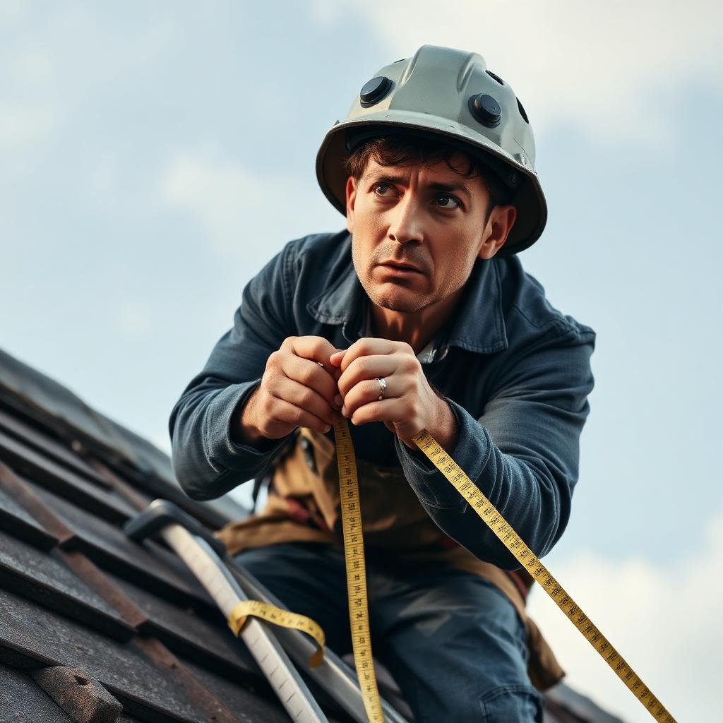 Roofer precariously balanced on a sloped roof